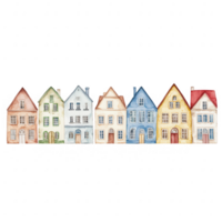 Colorful row of charming houses in various styles, showcasing unique architectural features and vibrant colors against a white isolated background. png