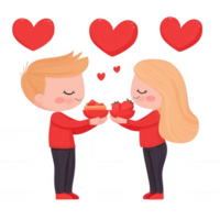 A charming illustration of a couple exchanging strawberries with love hearts above, symbolizing affection and romance on a white isolated background. png