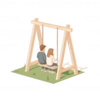 A charming illustration of two people sitting on a wooden swing under sunlight, creating a cozy and serene atmosphere for relaxation and connection. png