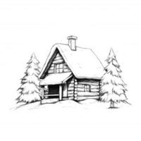 A charming hand-drawn illustration of a cozy log cabin nestled among tall pine trees, creating a serene forest atmosphere. Perfect for evoking a rustic and tranquil vibe. png