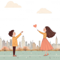A charming illustration of two children in a park, one holding a heart balloon and the other reaching out, with a city skyline in the background on a sunny day. png