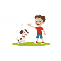 A cheerful boy waving happily at his playful dog in a park-like setting. The boy is dressed in casual clothes, and the dog appears excited and attentive, showcasing a joyful bond. png