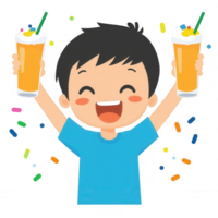 A cheerful boy holding two glasses of refreshing drinks, celebrating with joy. Colorful confetti surrounds him, creating a festive atmosphere. png