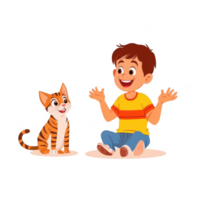 A cheerful boy sitting on the floor, joyfully interacting with a curious striped cat, both showing expressions of happiness in a playful setting. png