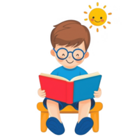 A cheerful boy sitting on a stool, reading a colorful book under a smiling sun. Ideal for educational materials and children's content, showcasing a love for reading. png