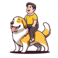 A cheerful boy wearing a yellow shirt rides on a friendly, smiling dog. The playful scene captures the bond between children and their pets. Great for family-related themes. png