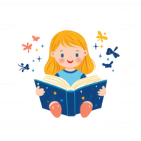 A cheerful child enjoying a storybook, surrounded by whimsical butterflies and sparkles, representing the joy of reading and imagination. png