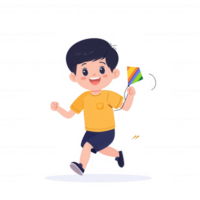 A cheerful child running while holding a colorful kite, captured in a playful moment, set against a white isolated background. png