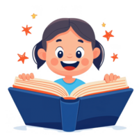 A cheerful child reading a large book, with excitement and wonder on their face, surrounded by colorful stars and sparkles, embodying the joy of storytelling. png