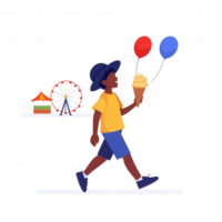 A cheerful child walks with an ice cream cone and colorful balloons. The backdrop features a lively fairground with a ferris wheel, symbolizing joy and childhood memories. png