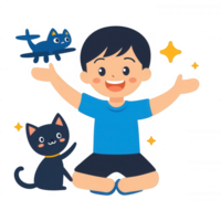 A cheerful child sitting with arms wide open, surrounded by a playful cat and a toy airplane, embodying joy and imagination, ideal for children's themes or playful activities. png