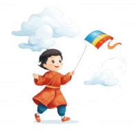 A cheerful child wearing a colorful outfit, happily flying a vibrant kite under fluffy clouds. The background is white, creating a playful and joyful atmosphere. png