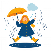 A cheerful child with an umbrella enjoying the rain, wearing a yellow raincoat and boots, amidst falling raindrops and a playful cloud. png