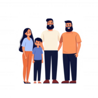A cheerful family consisting of four members, standing together, smiling, dressed in casual clothes, against a white isolated background. png