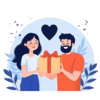 A cheerful couple happily exchanging a gift with a heart symbol in the background, depicted in a colorful, modern illustration. png