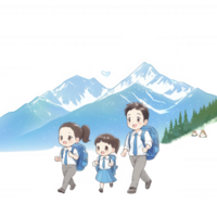 A cheerful family enjoying a hike in the mountains, dressed in casual attire. They are surrounded by stunning nature, showcasing their bond and love for outdoor adventures. png