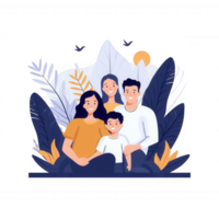 A cheerful family portrait featuring four members with lush greenery in the background, conveying warmth and togetherness, perfect for family-related themes. png