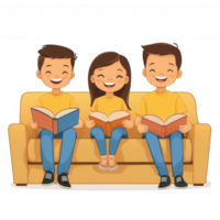 A cheerful family of three sitting on a cozy sofa, each reading a book. Their smiles reflect the joy of shared moments and reading together. png