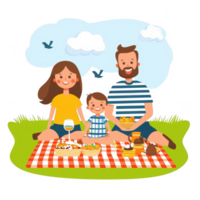 A cheerful family picnic scene with a happy couple and their child, enjoying food on a picnic blanket, surrounded by nature, vibrant colors, and a relaxing atmosphere. png