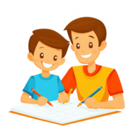 A cheerful father and son enjoying quality time together, drawing and coloring in a vibrant, playful setting, showcasing the joy of creativity and bonding through art. png
