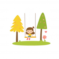 A cheerful girl swinging on a swing set surrounded by colorful trees and a playful pink creature, creating a joyful scene of childhood bliss. png