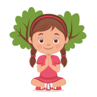 A cheerful girl sitting in a meditative pose, with green trees growing from her head, symbolizing peace and harmony with nature, on a clean white background. png