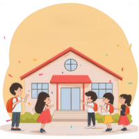A cheerful group of children celebrating in front of a school building, with colorful confetti in the air, showcasing a joyful moment of childhood. png