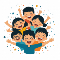 A cheerful group of six children celebrating together, laughing and enjoying with raised hands, set against a vibrant, colorful background. png