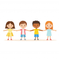 A cheerful illustration of four diverse children standing in a row, holding hands and smiling, representing friendship and unity. Ideal for educational or social themes. png
