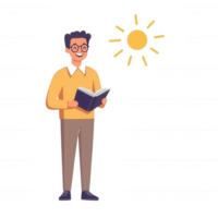 A cheerful man reading a book under a bright sun. He wears glasses and a cozy sweater, enjoying a moment of relaxation and learning, with the sun shining overhead. png
