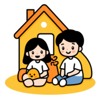 A cheerful illustration of two children sitting together at home, surrounded by cozy elements. The scene radiates warmth and playfulness, perfect for family-friendly themes. png