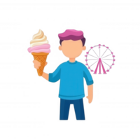 A cheerful person holding a delicious ice cream cone with a colorful amusement park ferris wheel in the background. Perfect for conveying fun and enjoyment. png