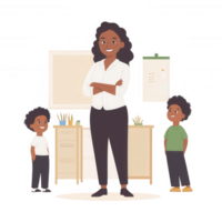 A cheerful teacher stands confidently in a classroom with two smiling students, surrounded by learning tools and resources, highlighting a positive educational environment. png