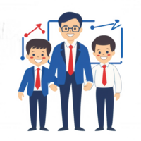 A cheerful man in a suit standing between two smiling boys. They are looking confident and happy, set against a backdrop of abstract upward trends. png