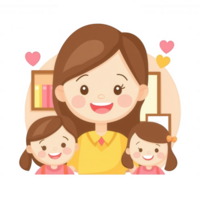 A cheerful mother with her two daughters, surrounded by love and joy. The background features a cozy and colorful home setting, emphasizing family bonds and happiness. png