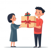 A cheerful scene of a woman receiving a gift from a man, both smiling, showcasing the joy of giving and receiving. Ideal for themes of celebration and relationships. png