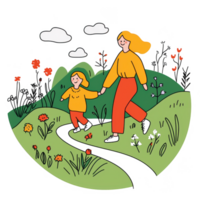 A cheerful scene depicting a mother and child walking hand in hand through a colorful landscape with flowers and hills, enjoying nature and quality time together. png