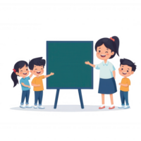 A cheerful teacher with students engaging around a blank chalkboard, promoting a collaborative learning environment in a vibrant and friendly classroom setting. png