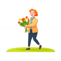 A cheerful woman walks joyfully while holding a vibrant bouquet of flowers, showcasing a bright and happy lifestyle. Ideal for themes of happiness and nature appreciation. png