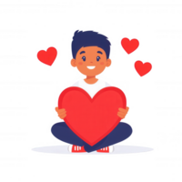 A cheerful young boy holding a large heart with floating hearts around him, symbolizing love and joy, on a white isolate background. png