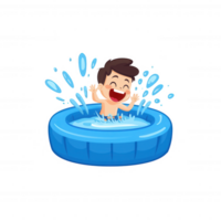 A cheerful young boy splashes joyfully in a blue inflatable pool, surrounded by water droplets, capturing the essence of summertime fun and playfulness. png