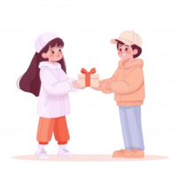 A cheerful young girl and boy exchanging a gift, dressed in cozy winter attire, showcasing themes of friendship and generosity. png