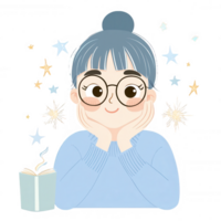 A cheerful young woman with glasses, enjoying a book, surrounded by twinkling stars and sparkles, depicting joy and imagination in a cozy environment. png