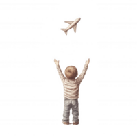 A child with arms raised, joyfully watching a toy airplane flying overhead. The scene captures the innocence and wonder of childhood in a playful moment. png