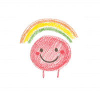 A cheerful, hand-drawn character with a smile, featuring a rainbow above it. The illustration conveys positivity and happiness, perfect for fun and vibrant designs. png