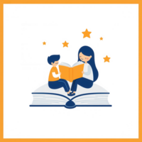 A child and an adult engaged in reading together on a large open book, surrounded by whimsical stars. Illustrates the joy of storytelling and learning. png