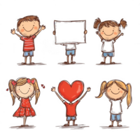 A collection of playful, hand-drawn illustrations featuring children expressing joy and creativity with cheerful poses and props. png