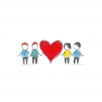 A colorful illustration of four diverse figures holding hands with a large red heart in the center, symbolizing love and unity among different cultures. png
