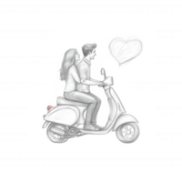 A couple joyfully riding a scooter together, depicted in a whimsical sketch style with a love heart above them, perfect for representing romance and adventure. png