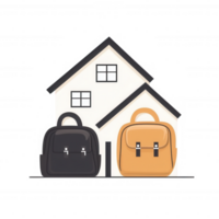 A cozy illustration of a house with two stylish backpacks, symbolizing comfort and everyday life essentials, ideal for school or work. png